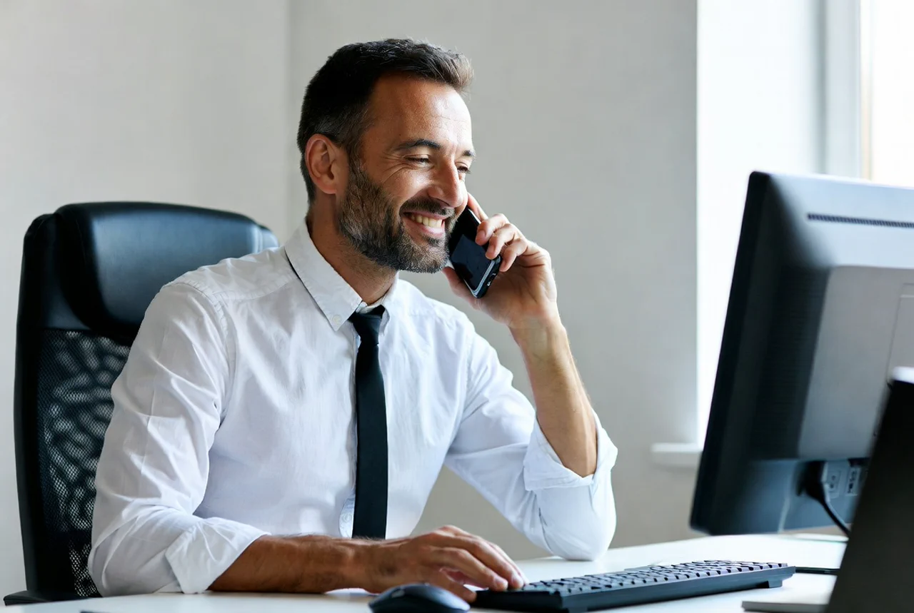 Zufriedener Geschäftsmann erhält exzellenten IT-Support am Telefon