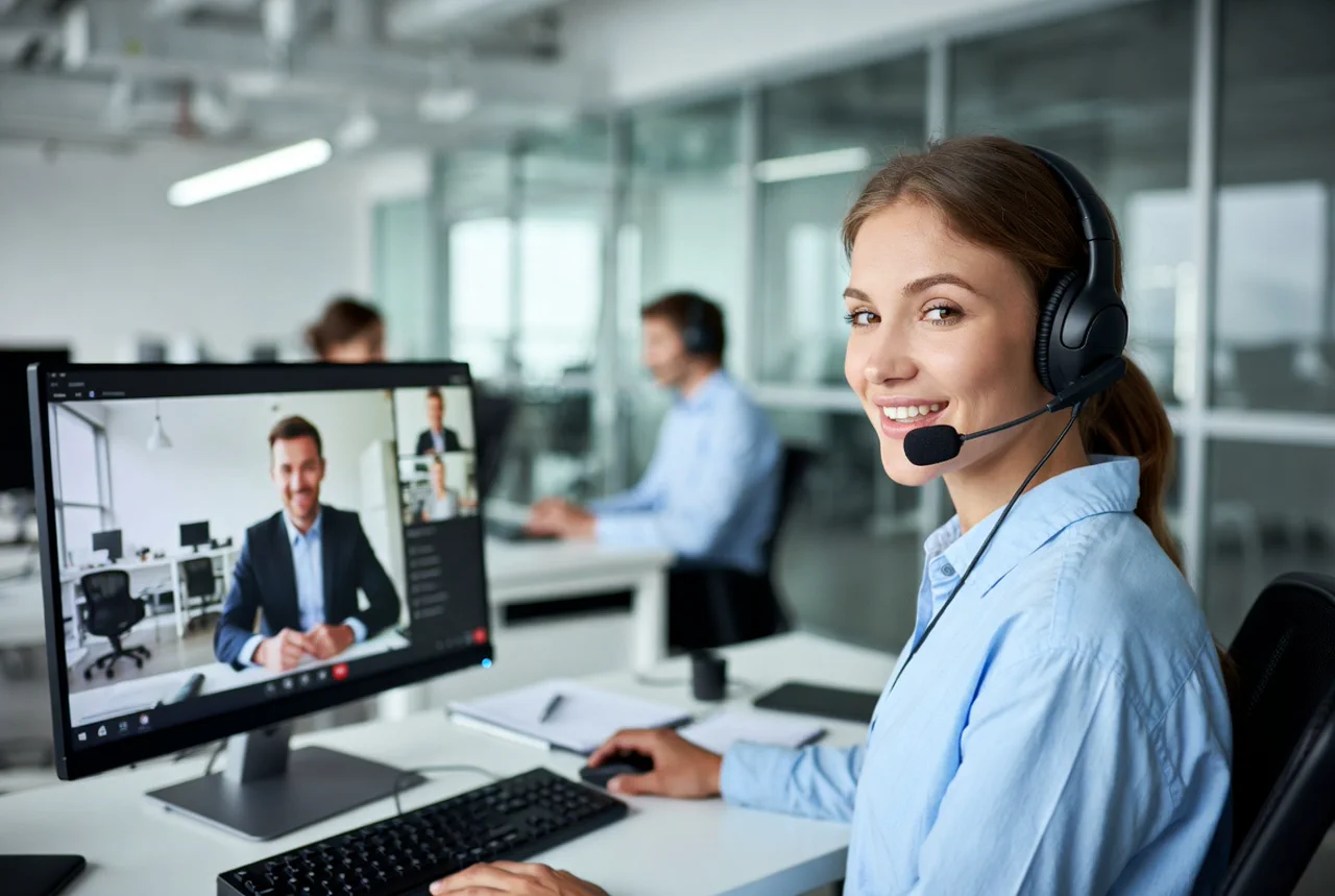 Freundliche IT-Support-Mitarbeiterin hilft einem Kunden per Videoanruf