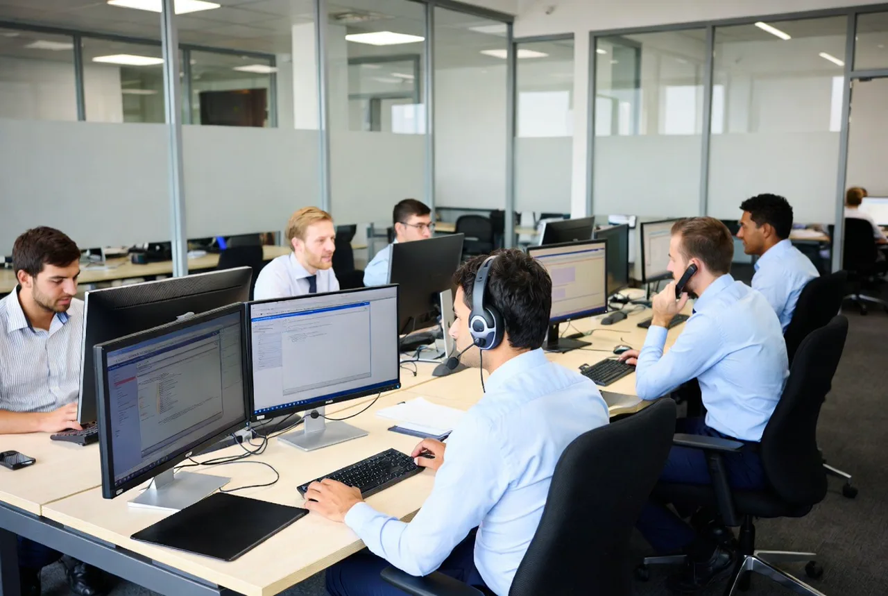 IT-Support-Team arbeitet gemeinsam im modernen Büro und hilft Kunden